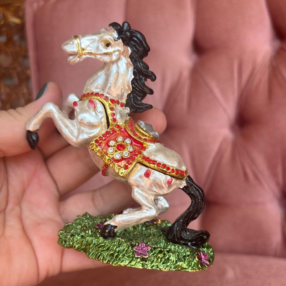🐎 Jeweled Rearing Horse Trinket Box |Rhinestone Enamel Carousel Style Hinged